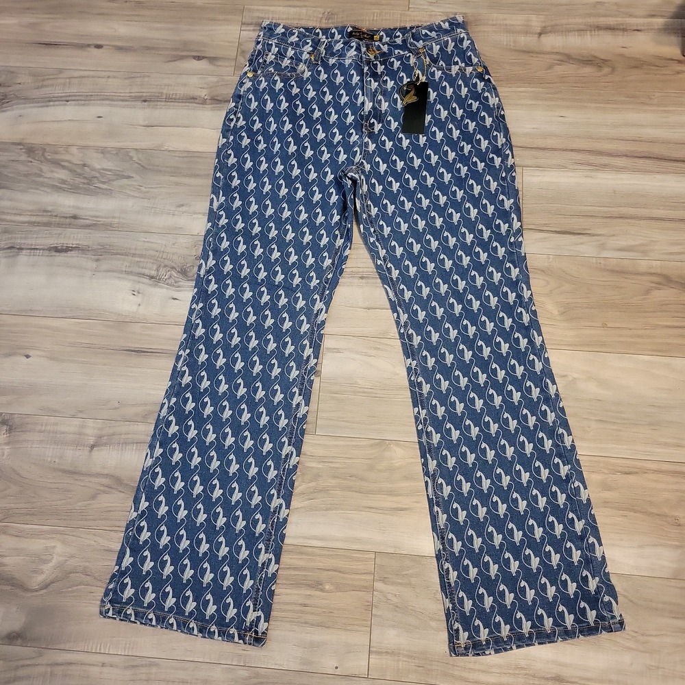 Baby Phat Jeans Womens 9 Y2K Monogram Logo AOP Flare Blue Denim NEW